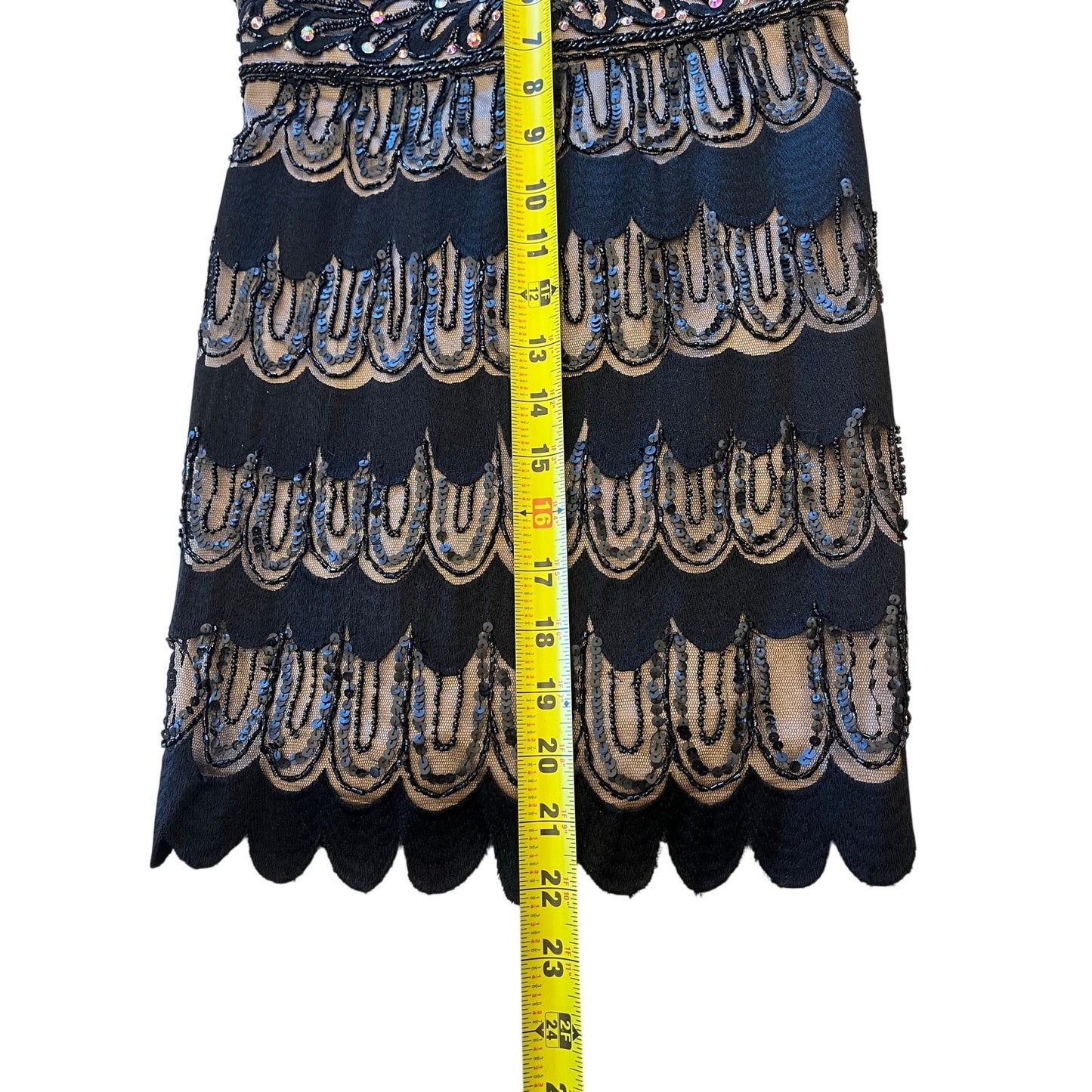 Sue Wong Nocturne Beaded Sequin Cocktail Dress Black Nude Art Deco Size 2