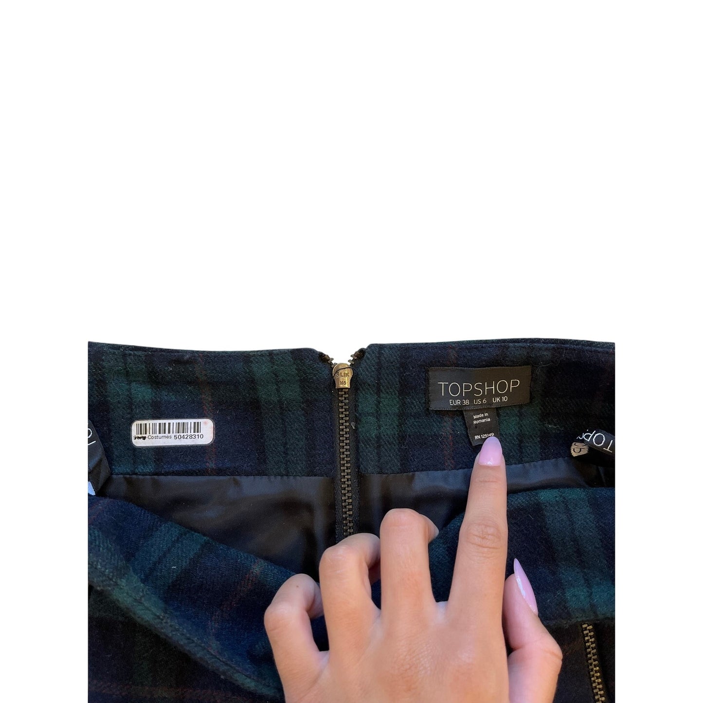 Topshop Plaid Wool Mini Skirt Green Blue Zip Size US 6