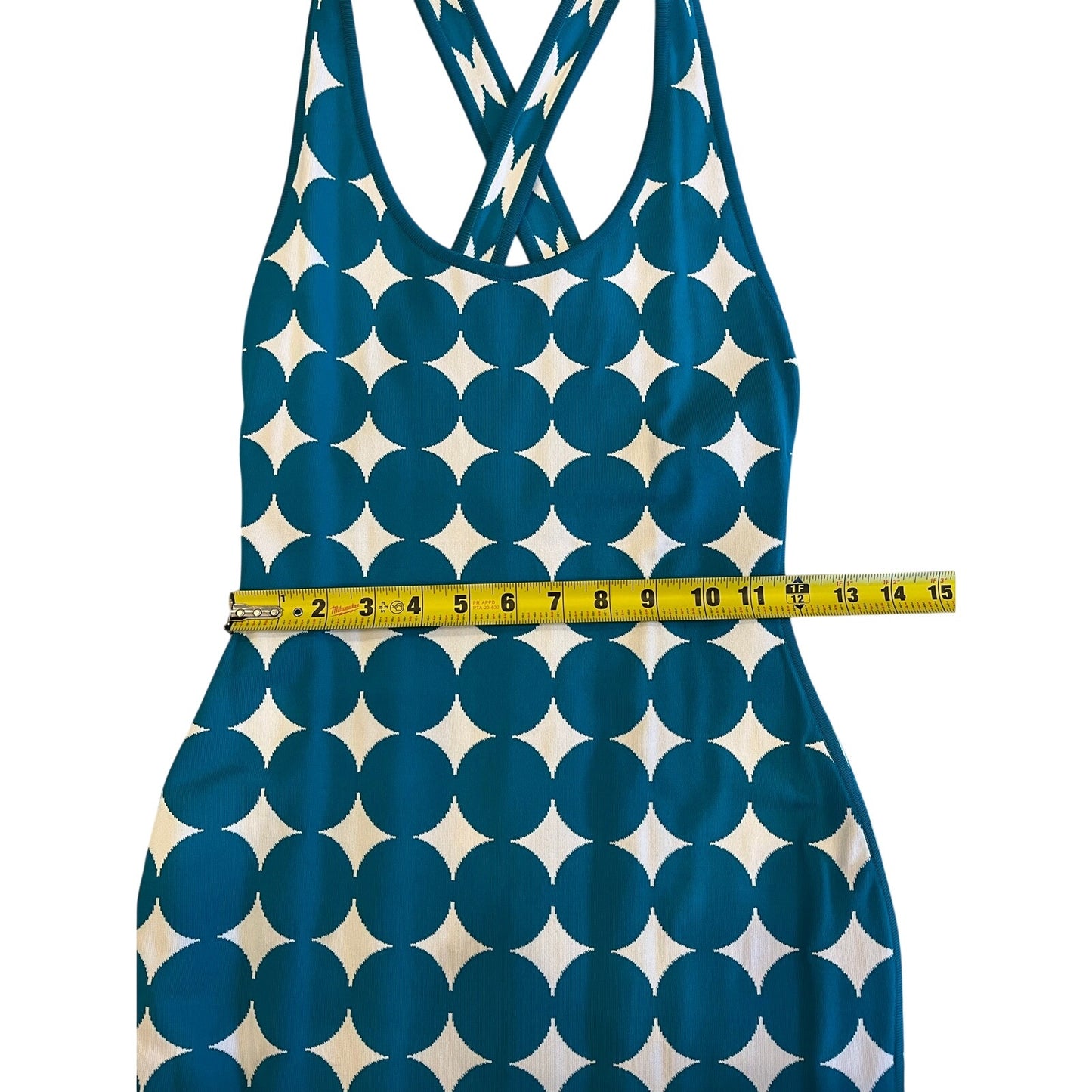 Herve Leger Paris Bandage Dress XS Teal White Geometric Criss Cross Open Back