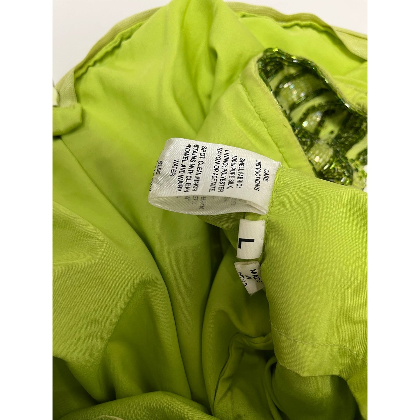 Vintage Caché Silk Beaded Halter Evening Gown Lime Green Y2K Formal Dress Large