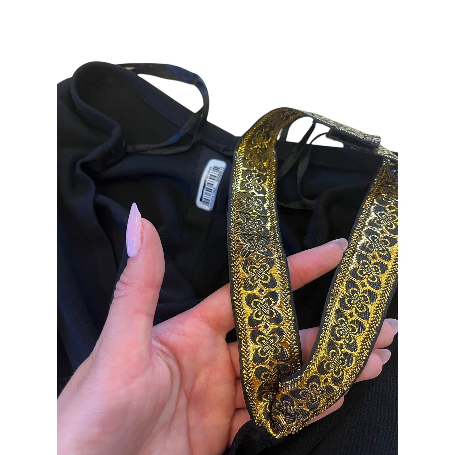 Y2K Black Halter Mini Dress Gold Brocade Neck Strap Bodycon Cocktail Party Dress