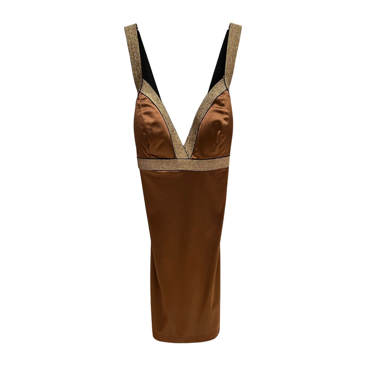 Entry Brown Satin Bodycon Mini Dress Gold Metallic Trim Size M