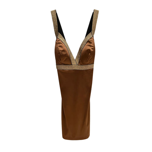 Entry Brown Satin Bodycon Mini Dress Gold Metallic Trim Size M