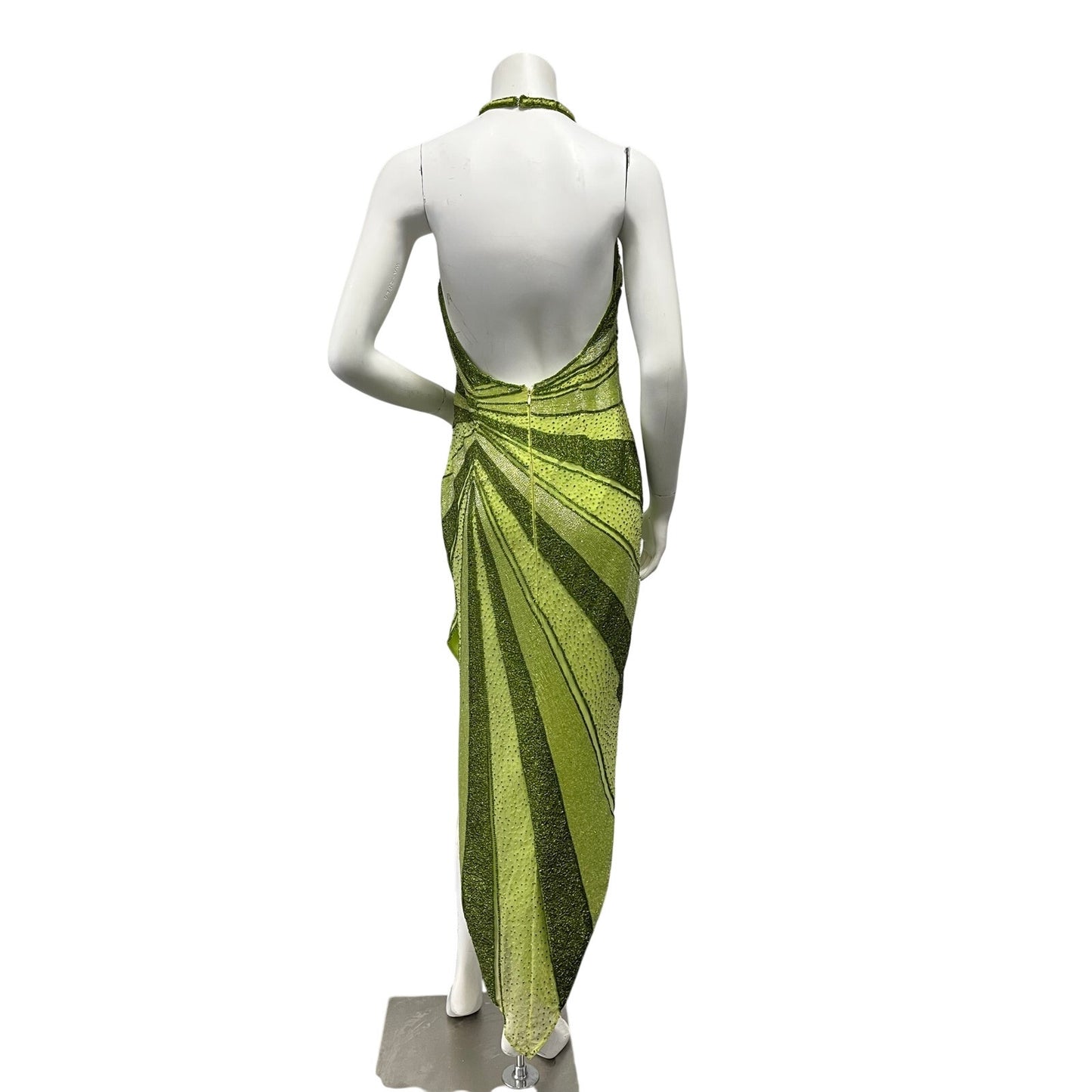 Vintage Caché Silk Beaded Halter Evening Gown Lime Green Y2K Formal Dress Large