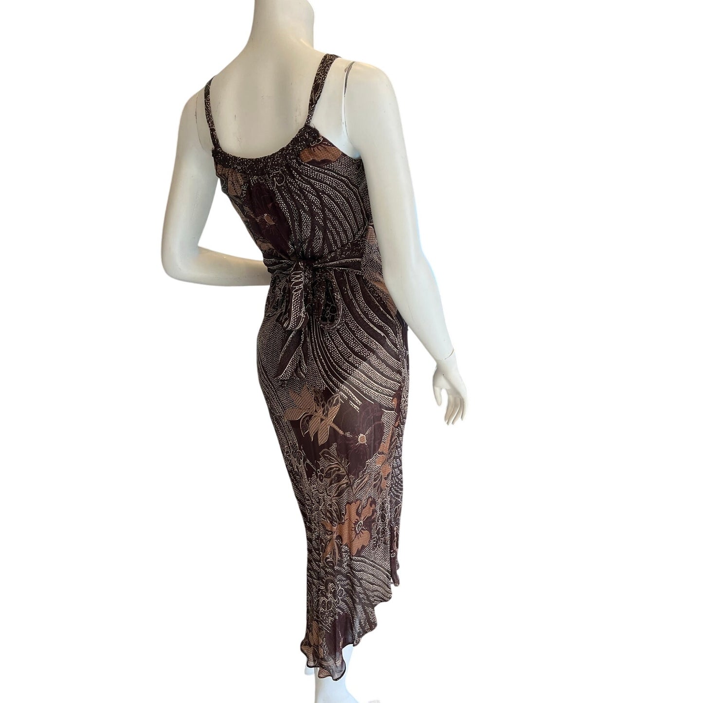 Eva Blue Brown Floral Beaded Handkerchief Hem Midi Dress Rayon Size 6 Boho