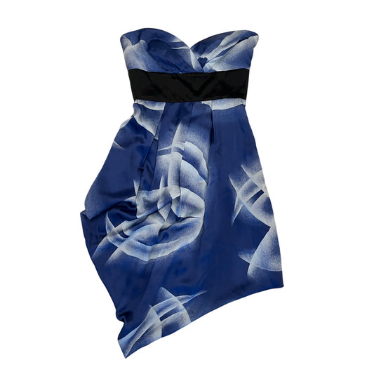BCBGMaxAzria 100% Silk Strapless Blue Abstract Draped Cocktail Dress Size 2