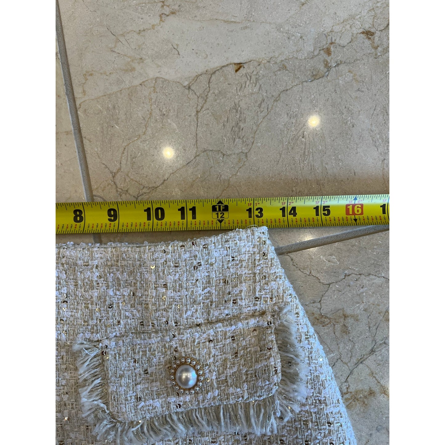 Camila Coelho Ivory Tweed Sequin Pearl Button Mini Skirt Size S NWT