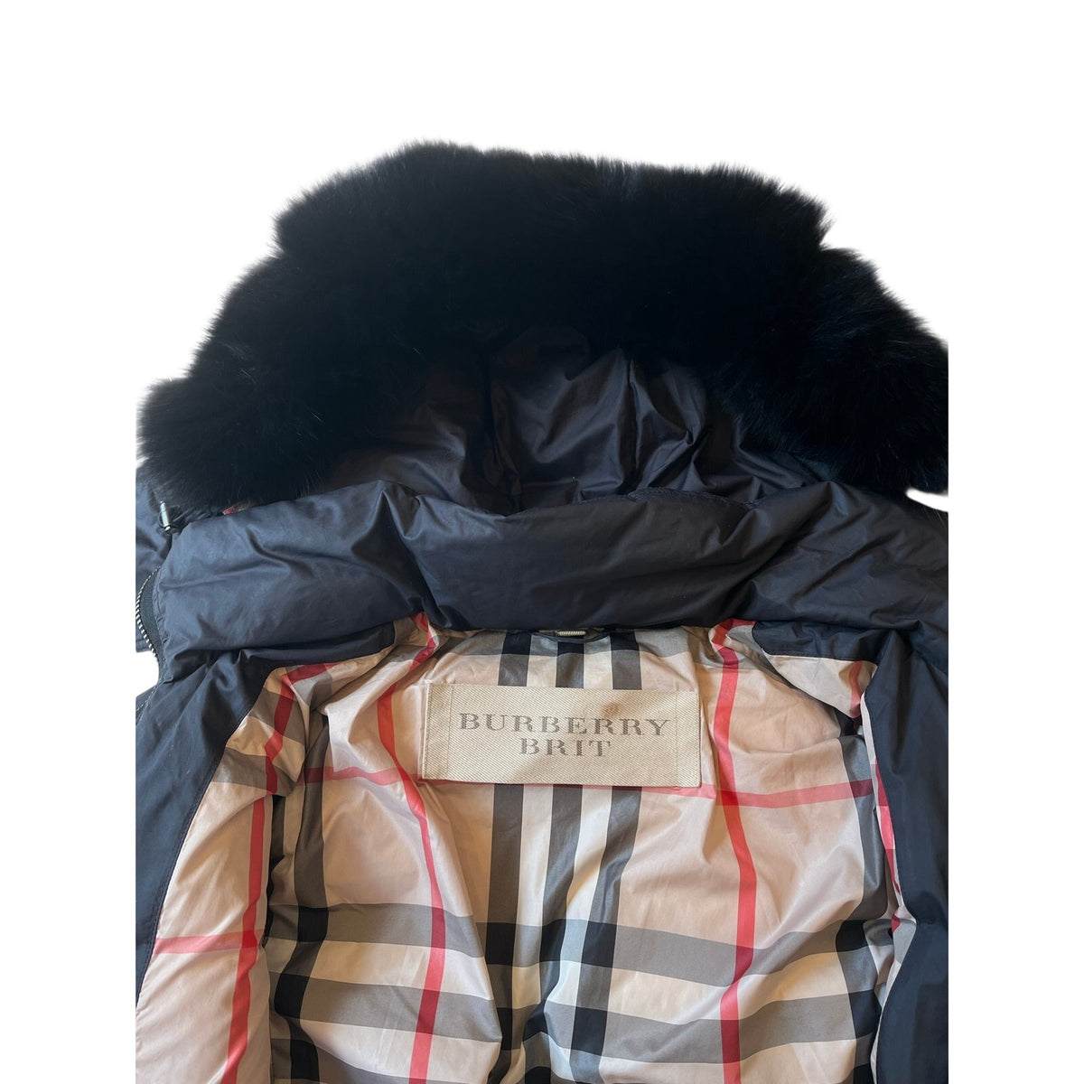 Authentic Burberry brit down coat with fur hood