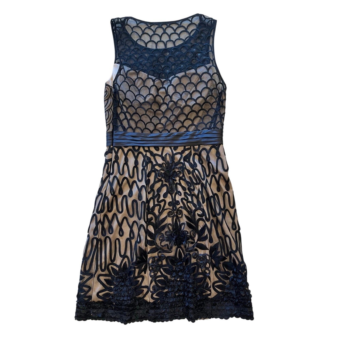 Sue Wong Black Nude Embroidered Beaded Cocktail Dress Fit & Flare Size 4