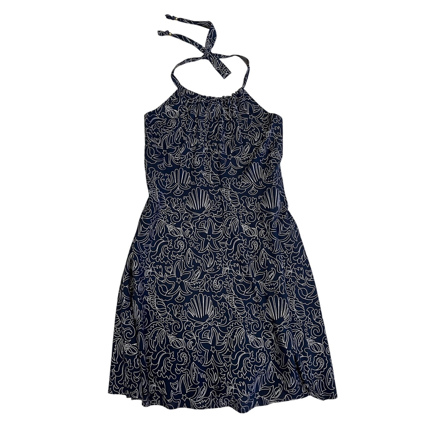 Vineyard Vines Navy White Seashell Embroidered Halter Dress Size 12 Cotton