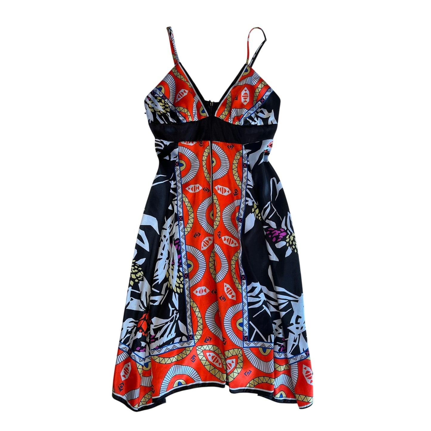 Pookie & Sebastian Printed Fit & Flare Dress Size L Spaghetti Strap V-Neck Midi