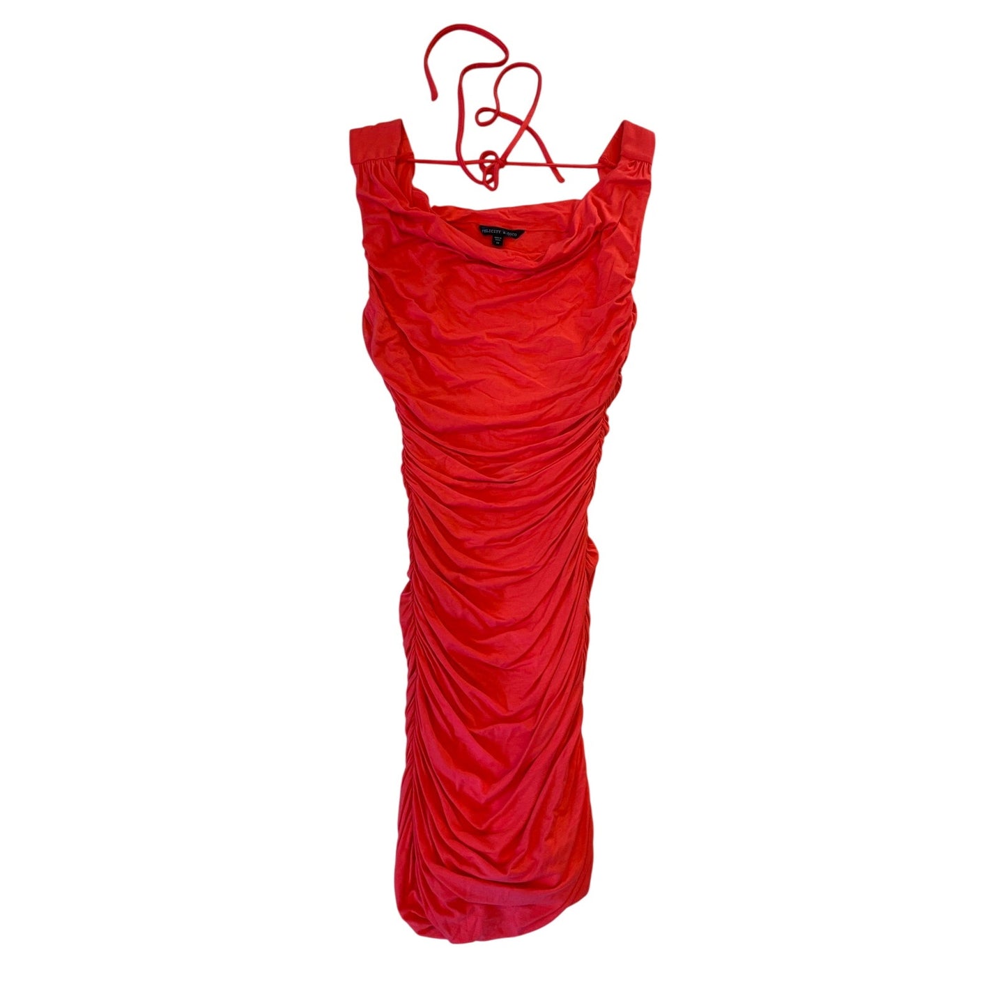 Felicity & Coco Red Ruched Midi Dress XS Cowl Neck Open Back Bodycon