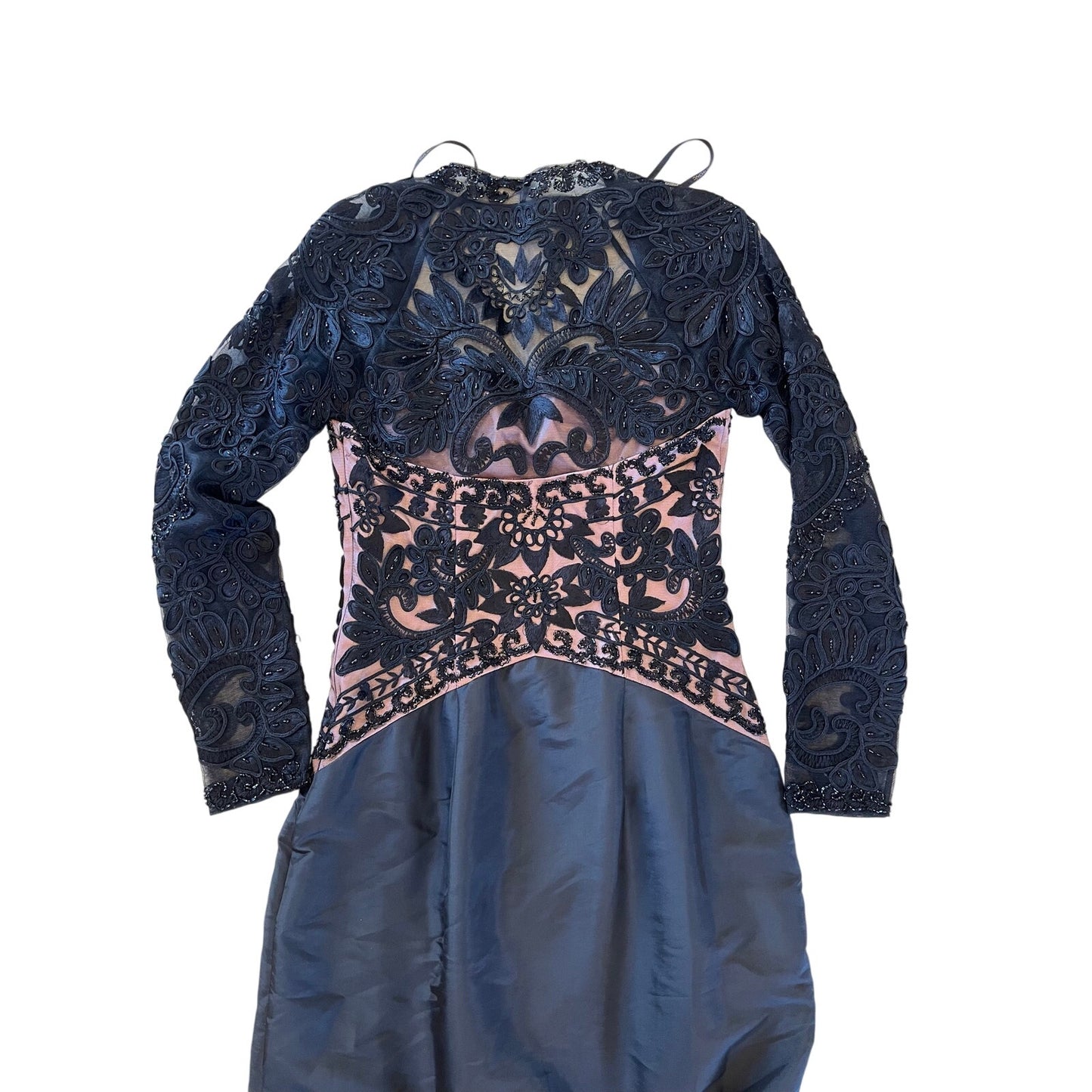 Sue Wong Noir Black Beaded Embroidered Illusion Gown Pink Mesh Formal Dress Sz 6