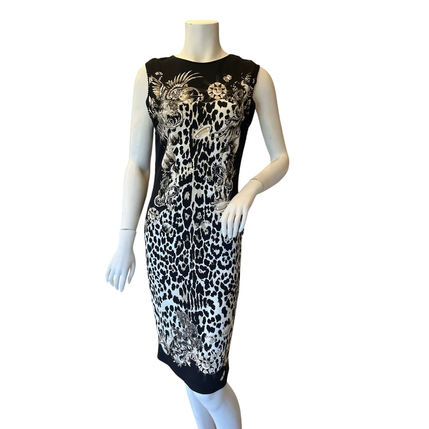Roberto Cavalli Black White Leopard Print Midi Sheath Dress Made Italy