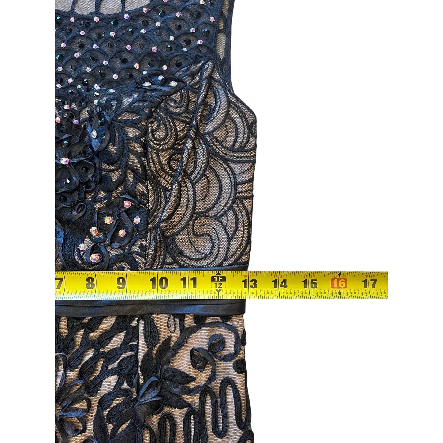 Sue Wong Black Nude Embroidered Beaded Cocktail Dress Fit & Flare Size 4