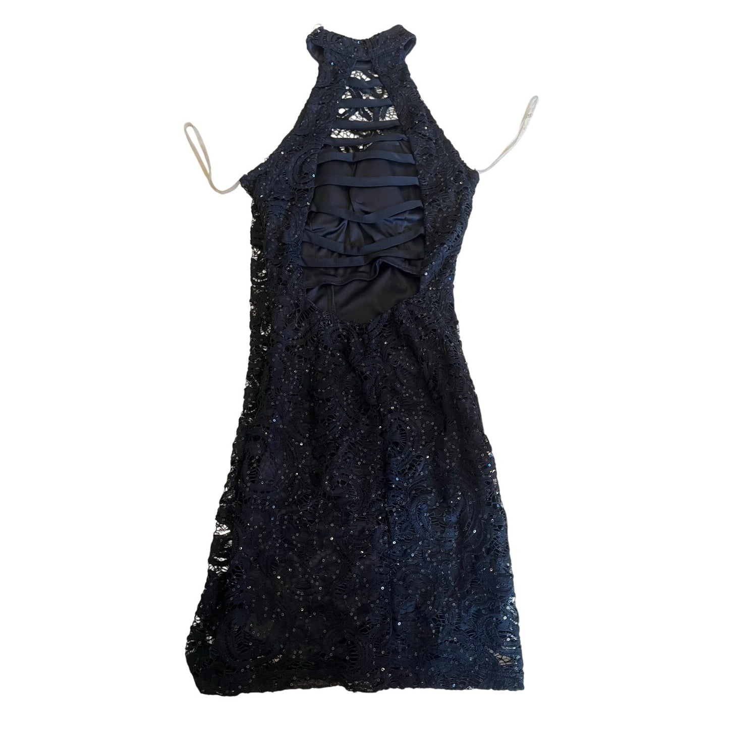 Speechless Size 3 Black Sequin Lace Halter Maxi Dress Open Strappy Back