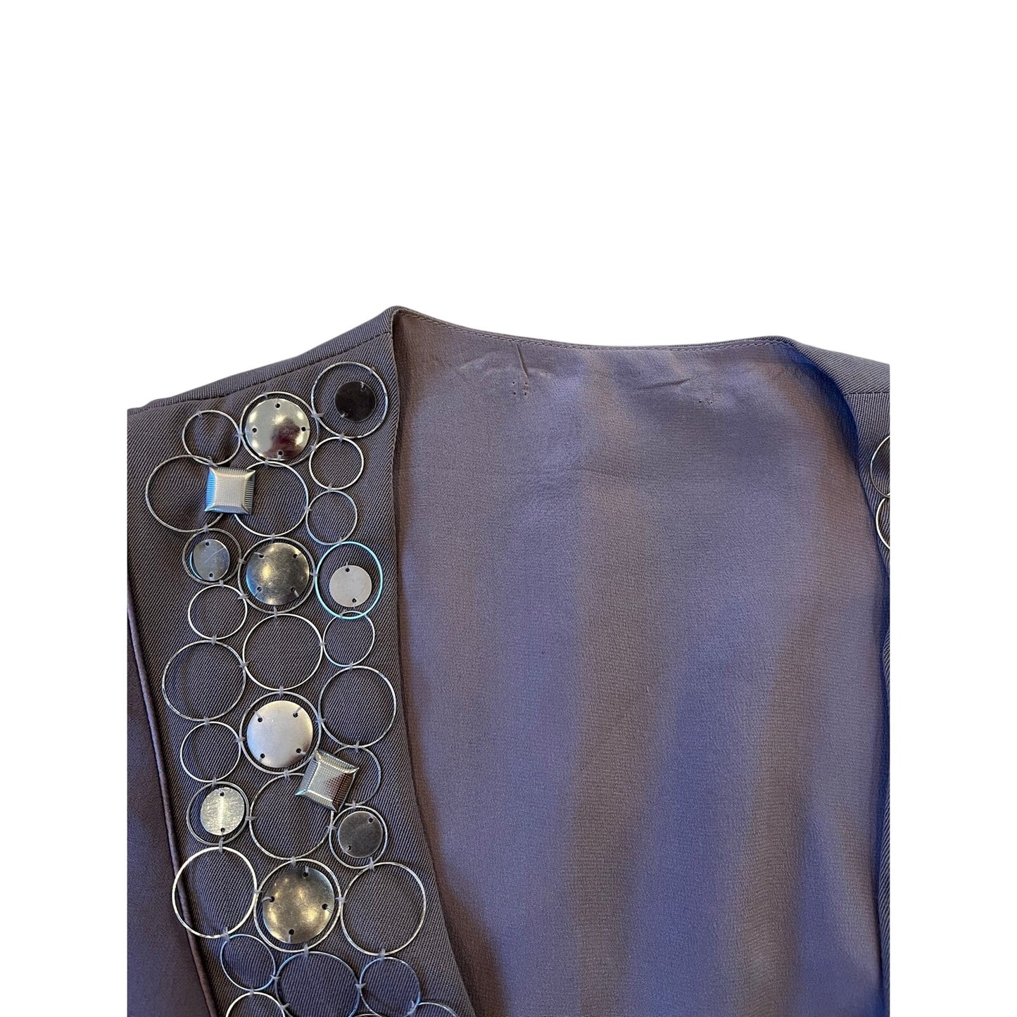 Vintage Y2K Brown Embellished V Neck Cocktail Dress Metallic Disc