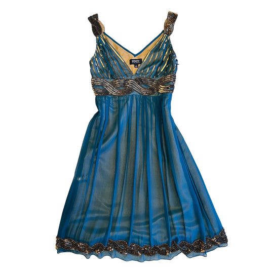 Adrianna Papell Evening 100% Silk Beaded Teal Chiffon Cocktail Dress Size 6