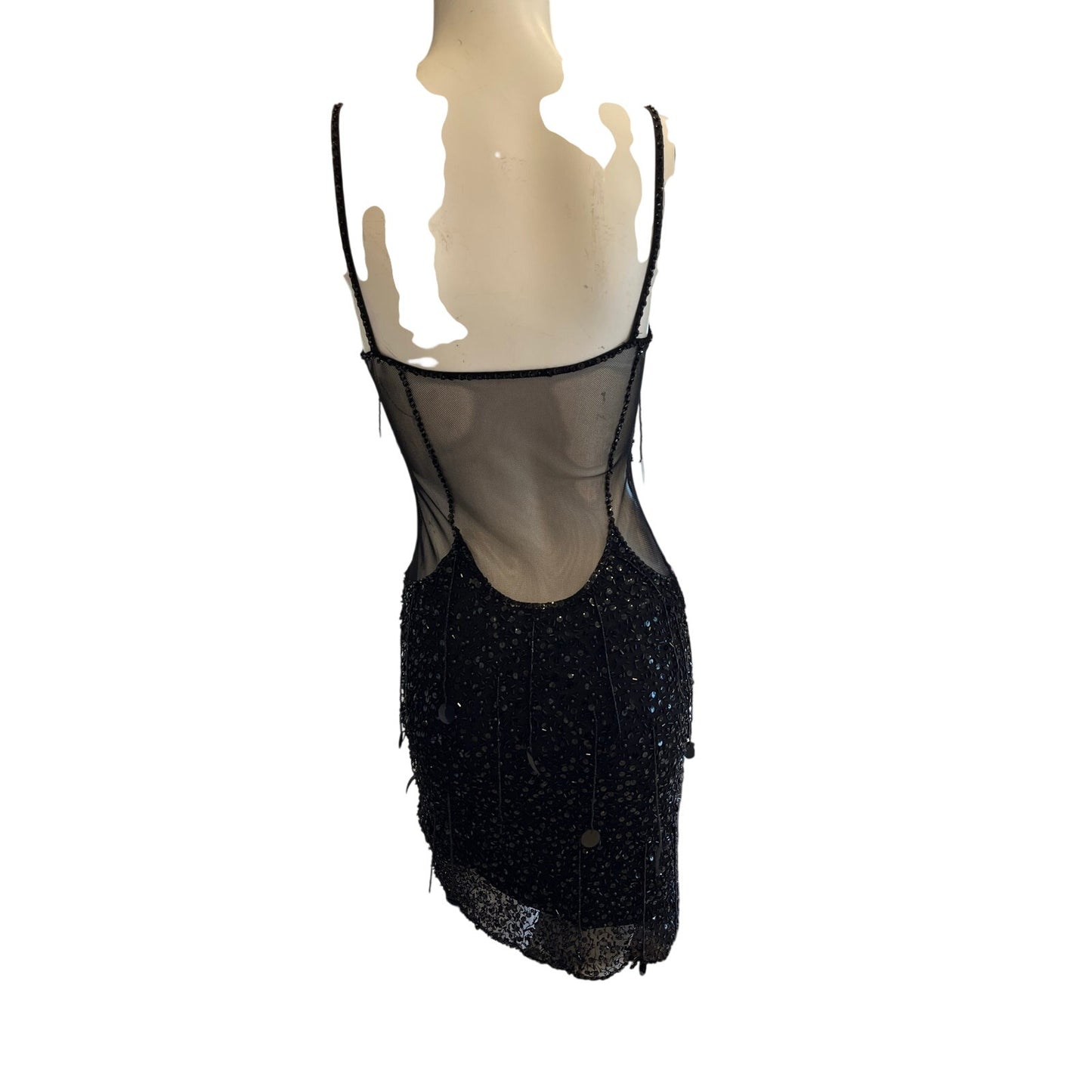 Black Beaded Sequin Mesh Illusion Cutout Bodycon Mini Dress