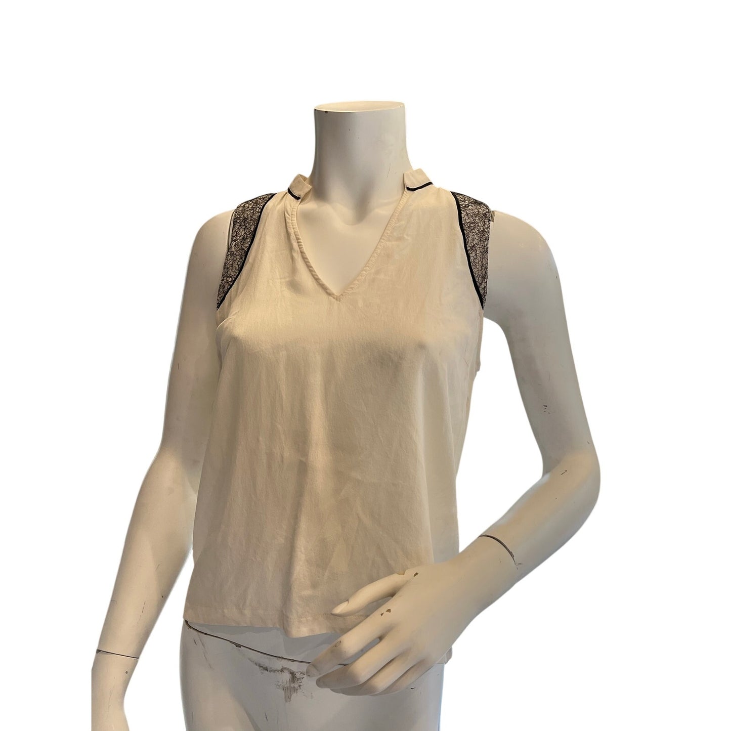Elizabeth and James Ivory Silk Sleeveless Blouse XS Mesh Shoulder High Low Top