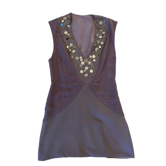 Vintage Y2K Brown Embellished V Neck Cocktail Dress Metallic Disc