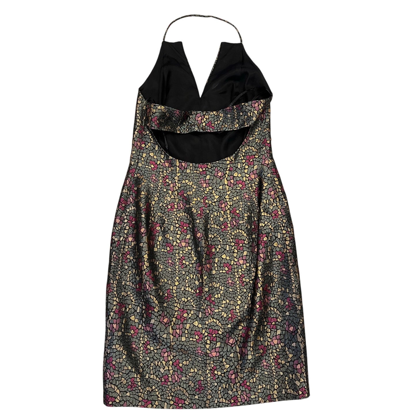 David Meister Metallic Brocade Halter Cocktail Dress Open Back sz 8