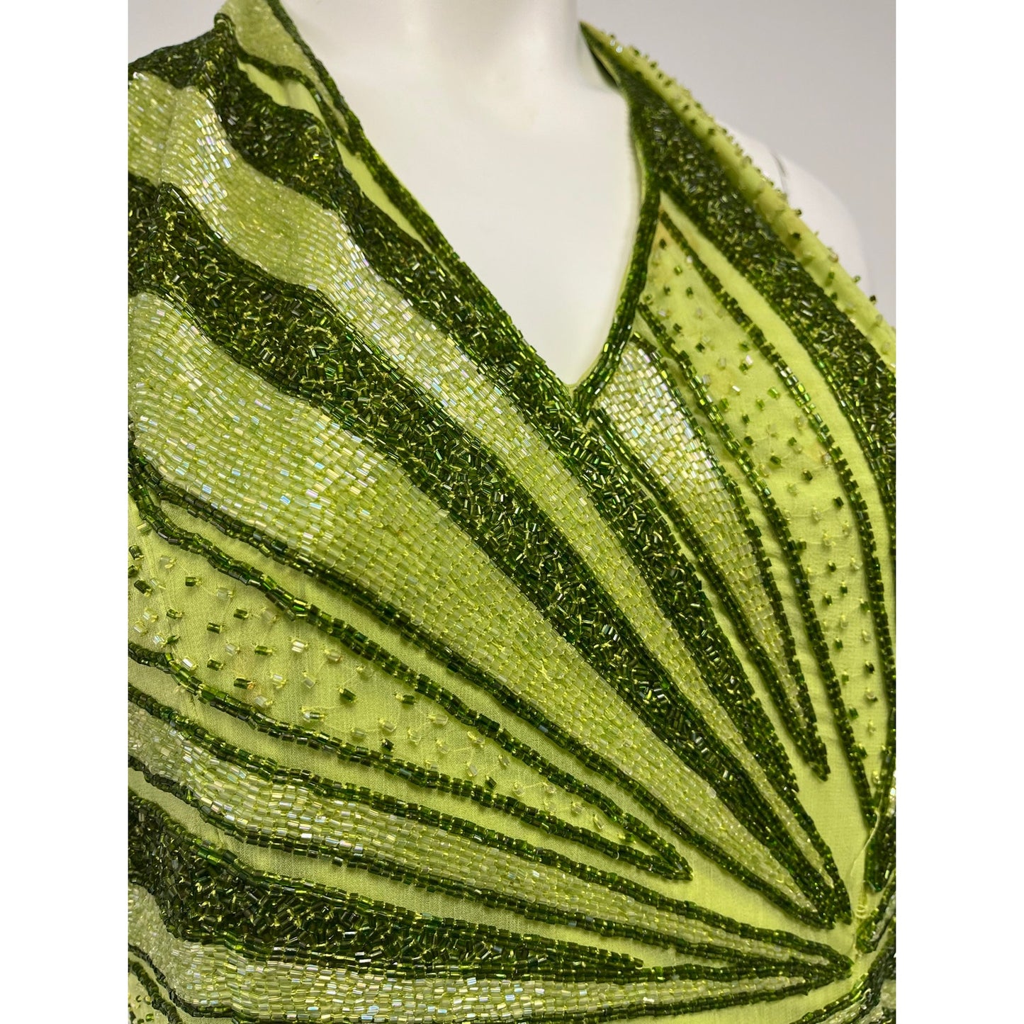 Vintage Caché Silk Beaded Halter Evening Gown Lime Green Y2K Formal Dress Large