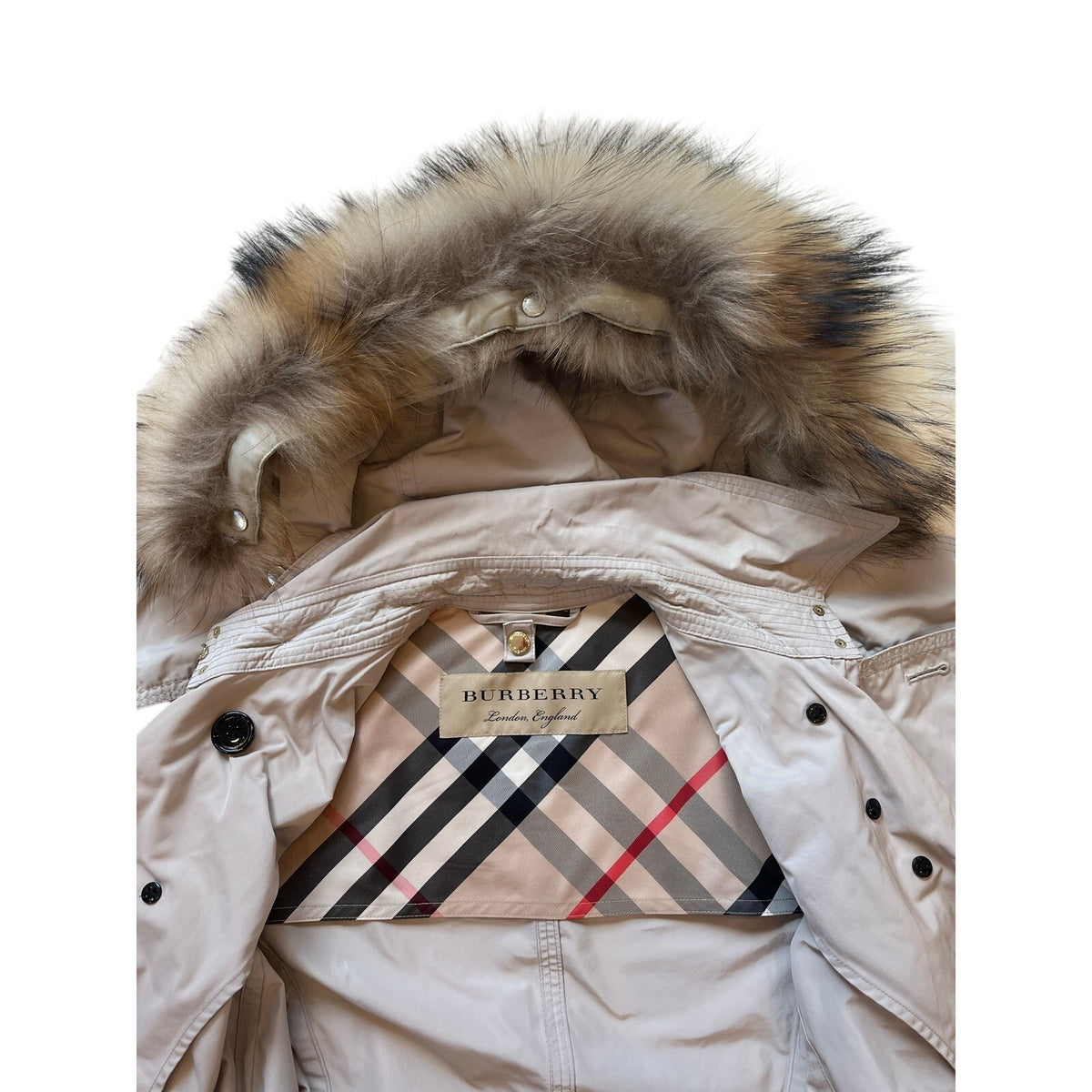 Authentic Burberry trench coat with fur hood