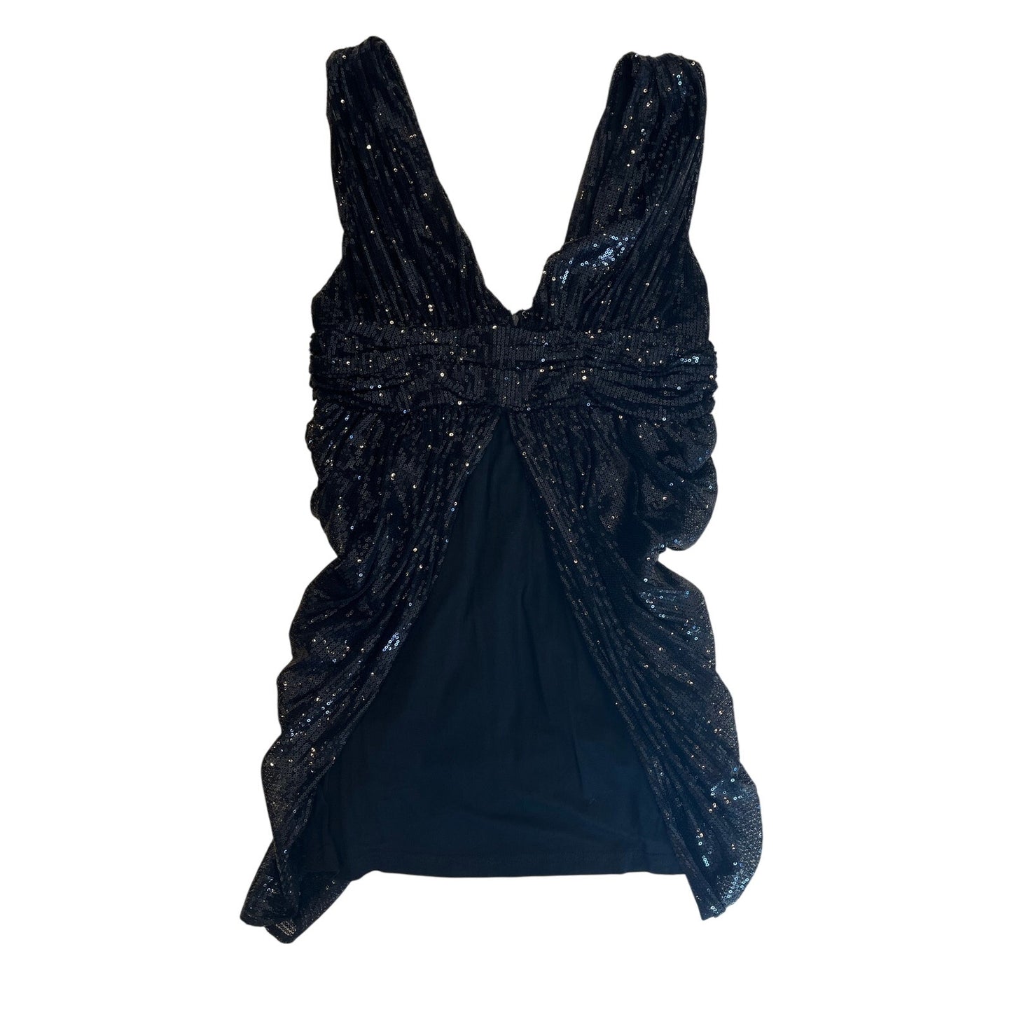 Aryn K Black Sequin Draped Tunic Top Size L Deep V Ruched Party