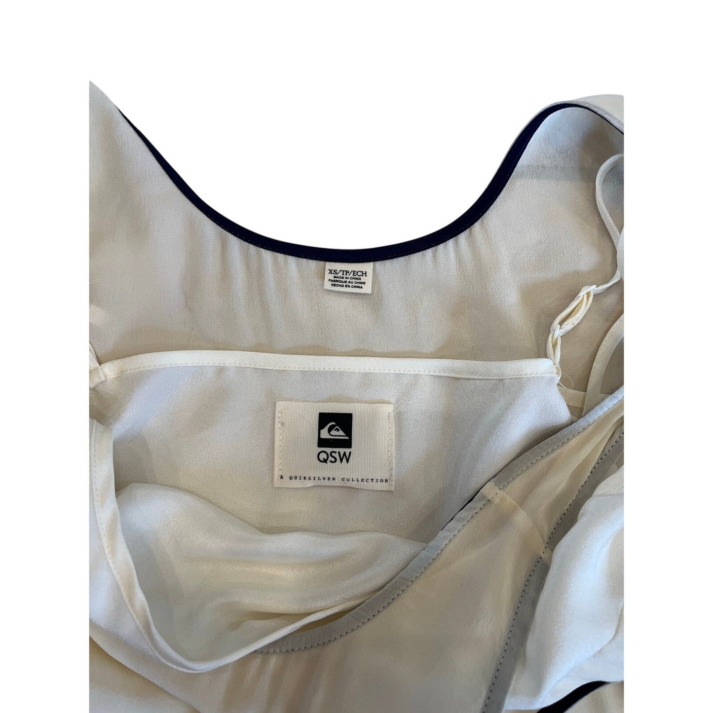 QSW Quiksilver 100% Silk Dress XS Ivory Navy Asymmetrical Midi 2012
