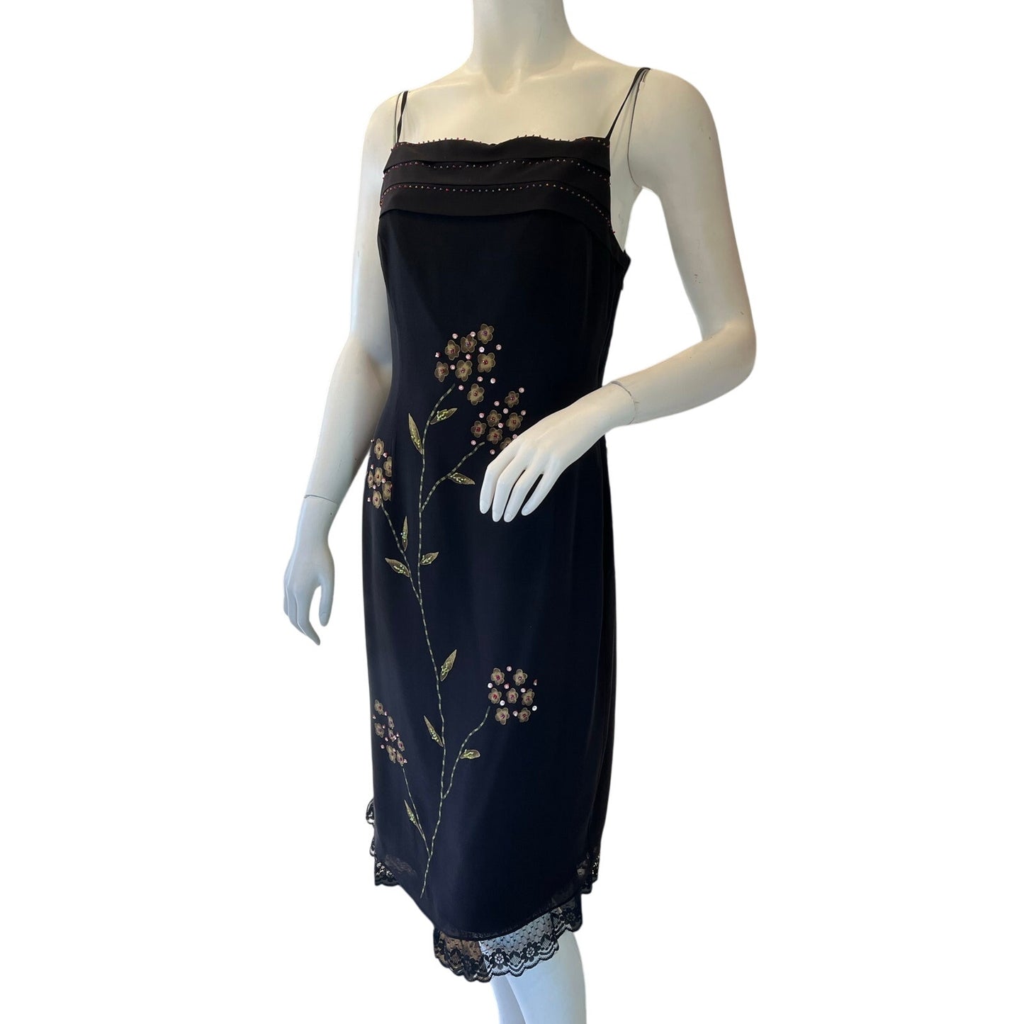 Papell Boutique Evening 100% Silk Black Floral Beaded Slip Dress Lace Hem Size 8