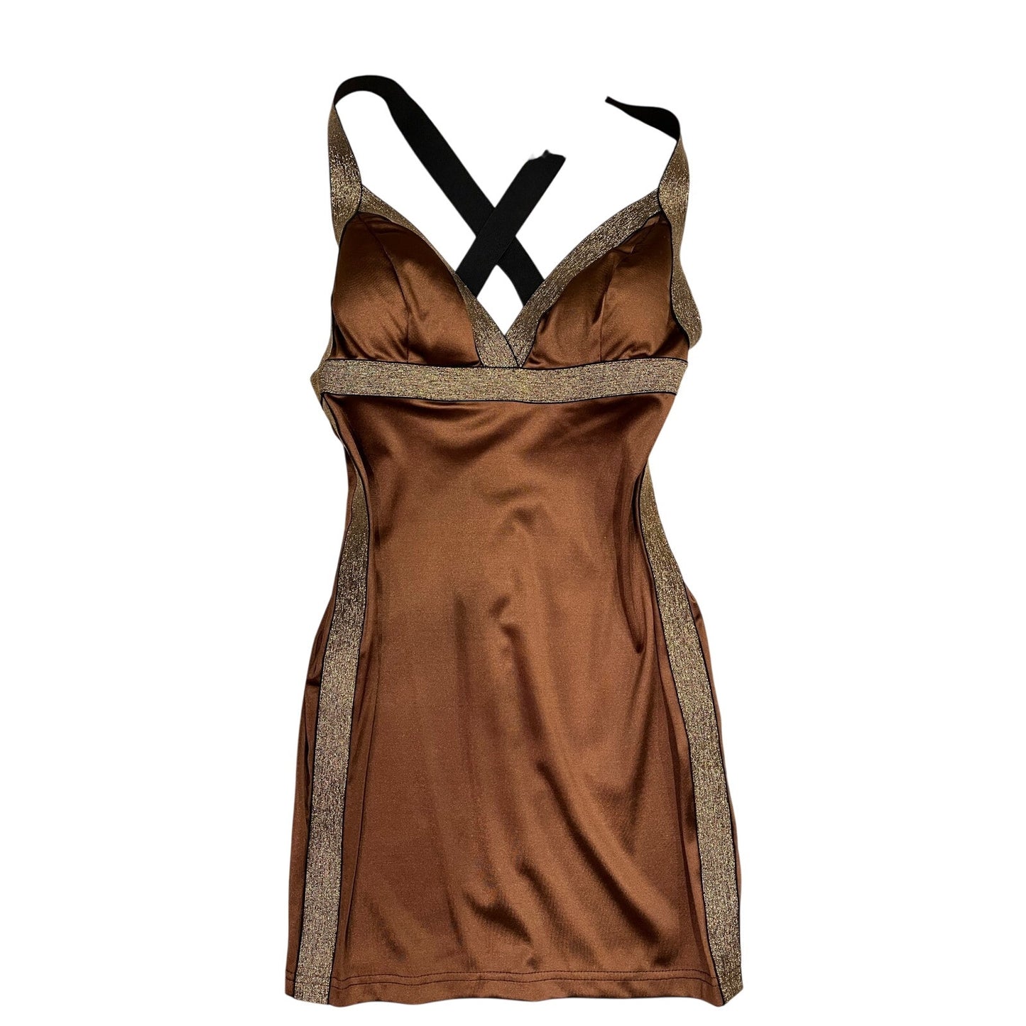 Entry Brown Satin Bodycon Mini Dress Gold Metallic Trim Size M
