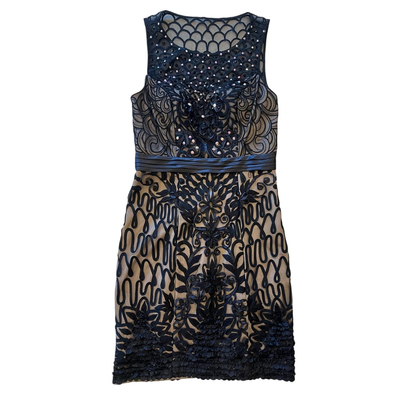 Sue Wong Black Nude Embroidered Beaded Cocktail Dress Fit & Flare Size 4