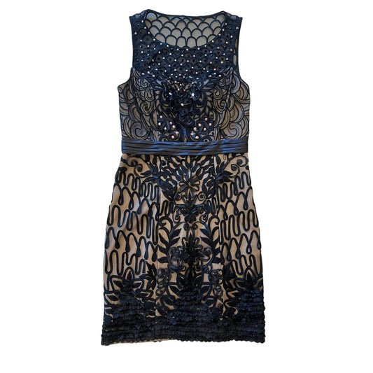Sue Wong Black Nude Embroidered Beaded Cocktail Dress Fit & Flare Size 4