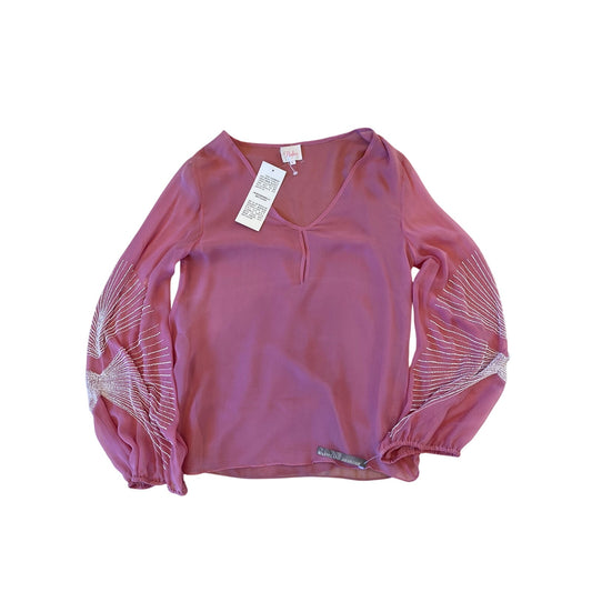 Parker 100% Silk Beaded Sleeve Blouse Top Pink Long Sleeve NWT Size S