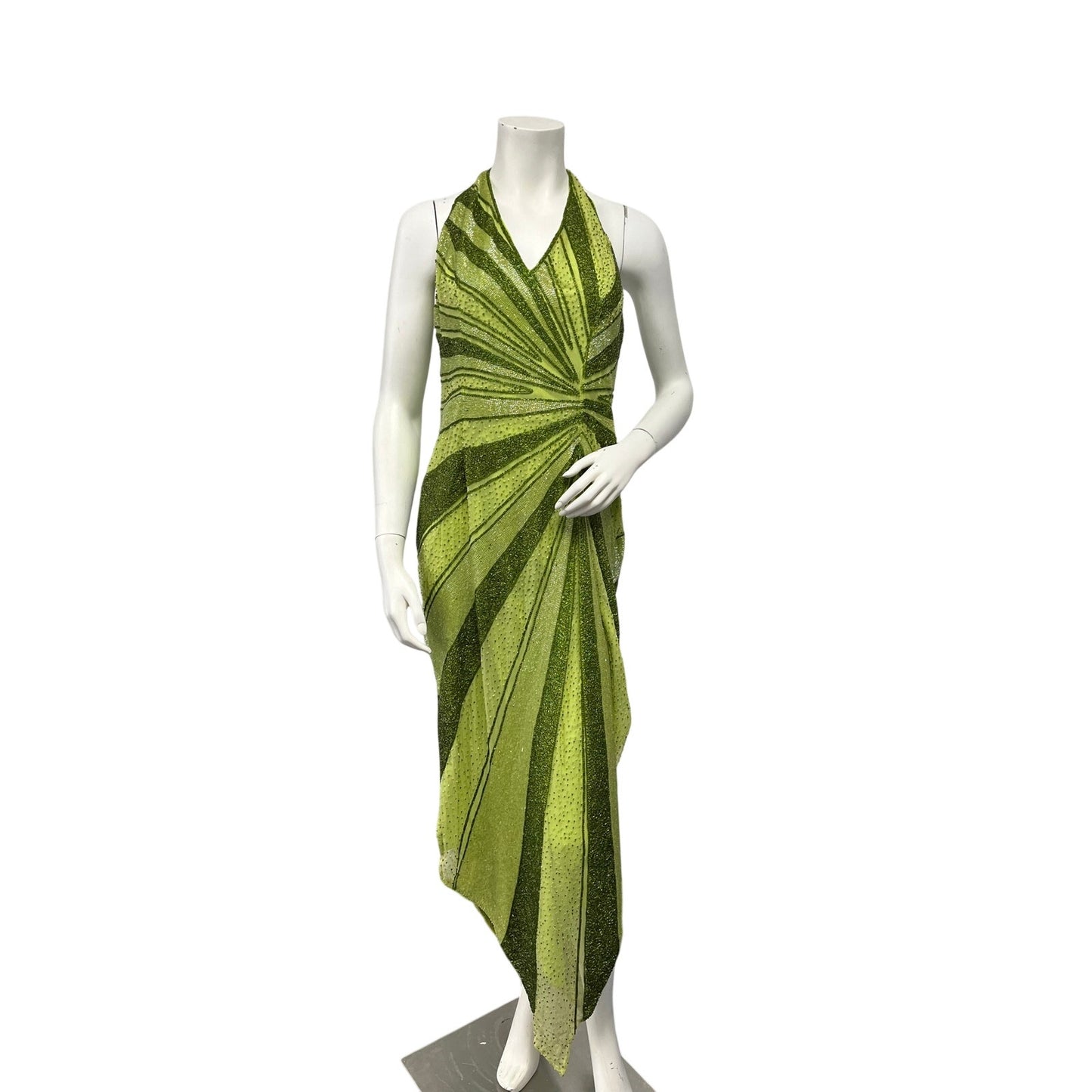 Vintage Caché Silk Beaded Halter Evening Gown Lime Green Y2K Formal Dress Large