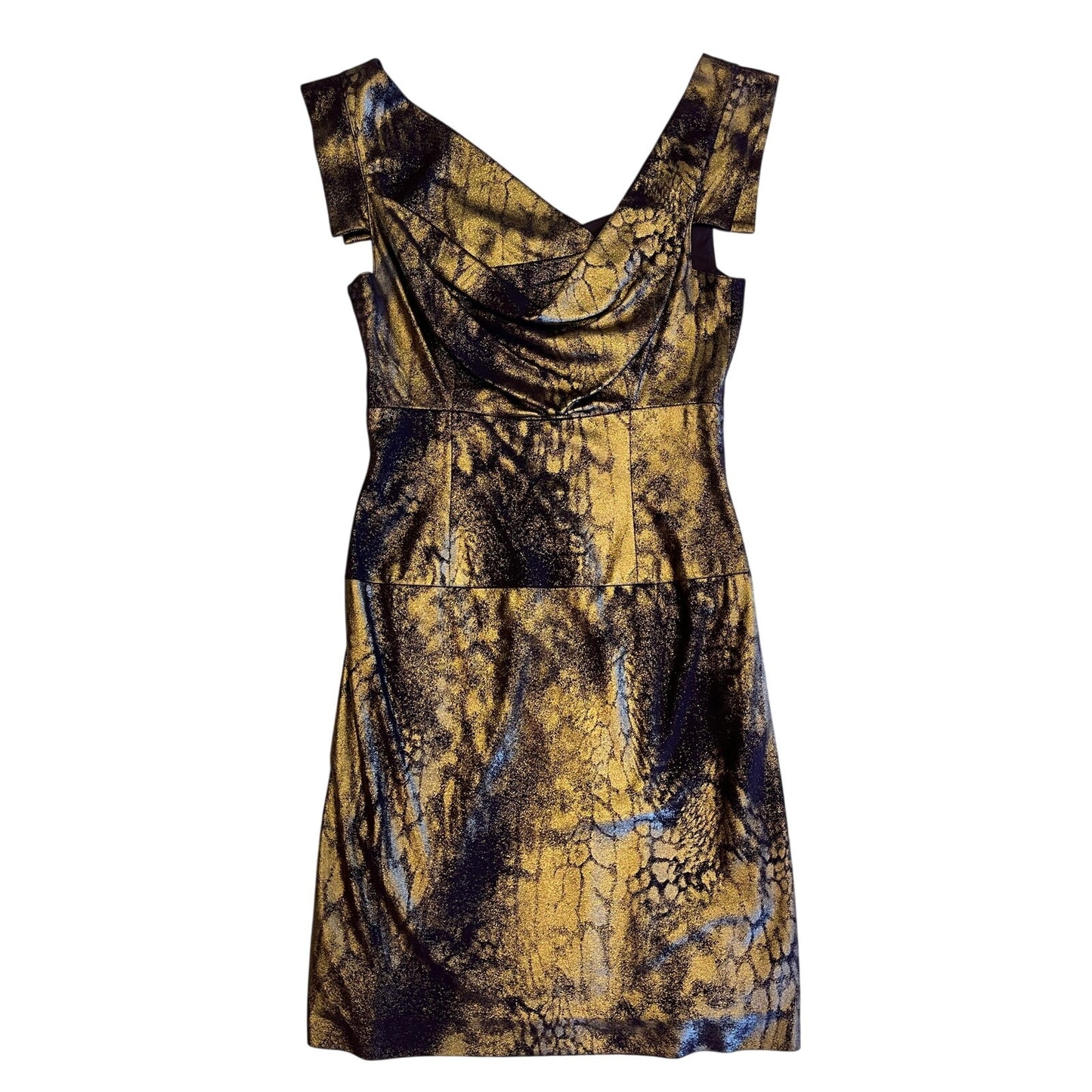 Black Halo Corrine Metallic Gold Black Cowl Neck Sheath Dress Size 0