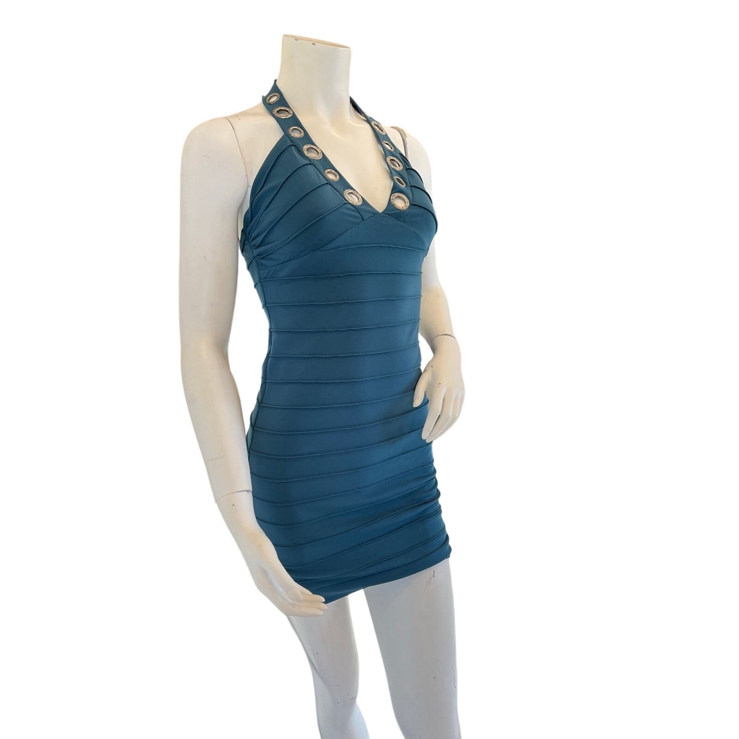 y2k teal halter dress with grommets sz xs