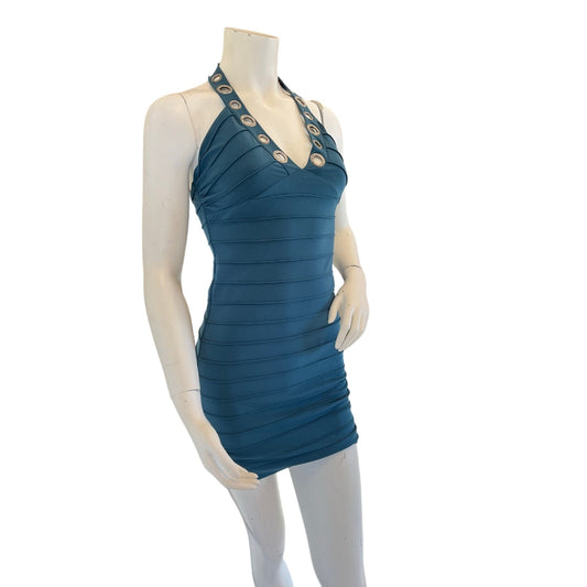 y2k teal halter dress with grommets sz xs