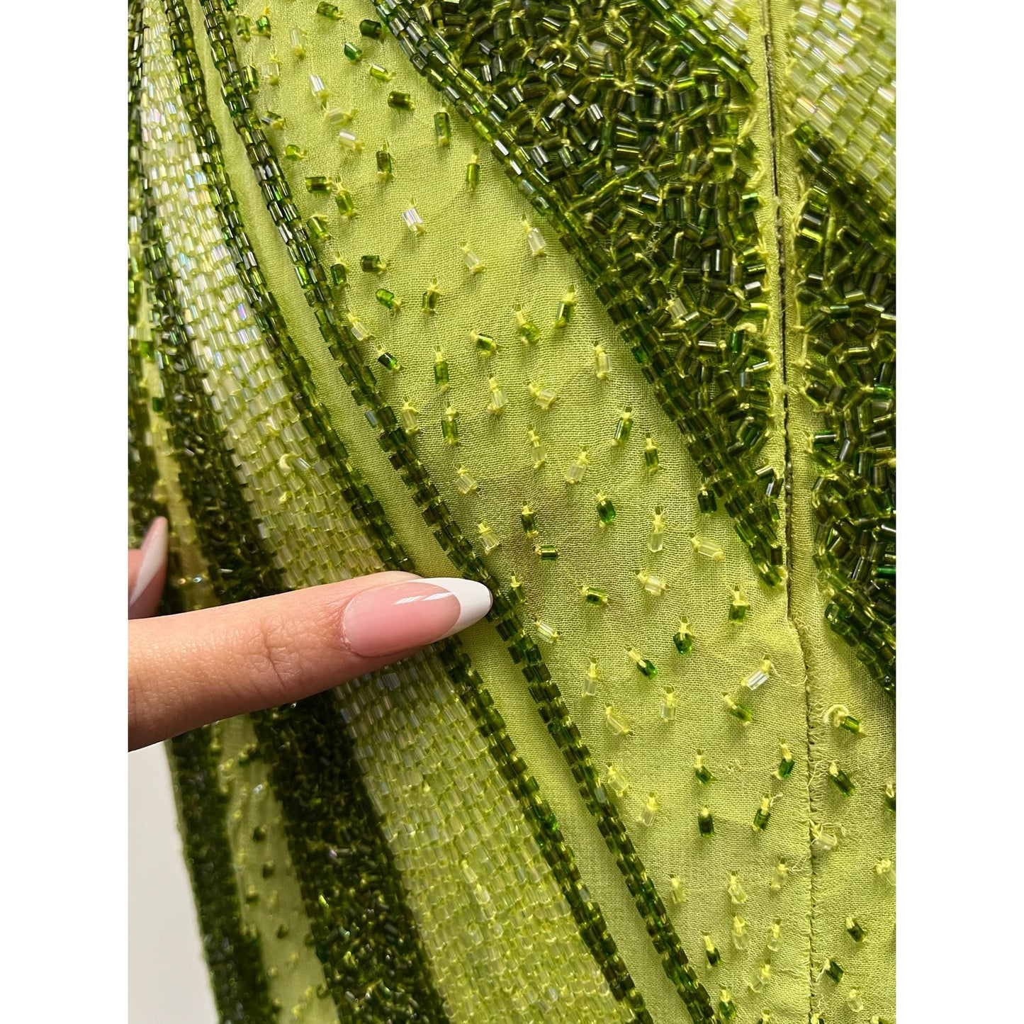 Vintage Caché Silk Beaded Halter Evening Gown Lime Green Y2K Formal Dress Large