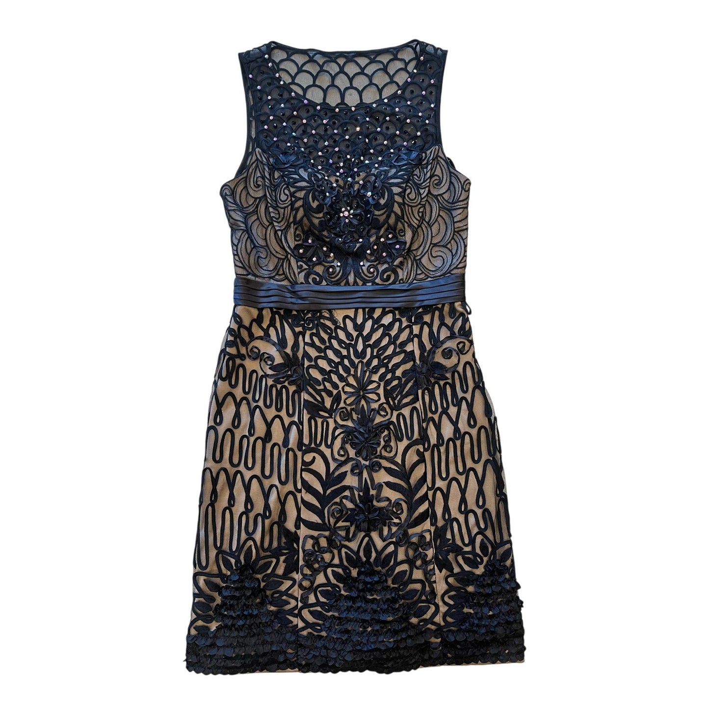 Sue Wong Black Nude Embroidered Mesh Cocktail Dress Floral Beaded Size 10