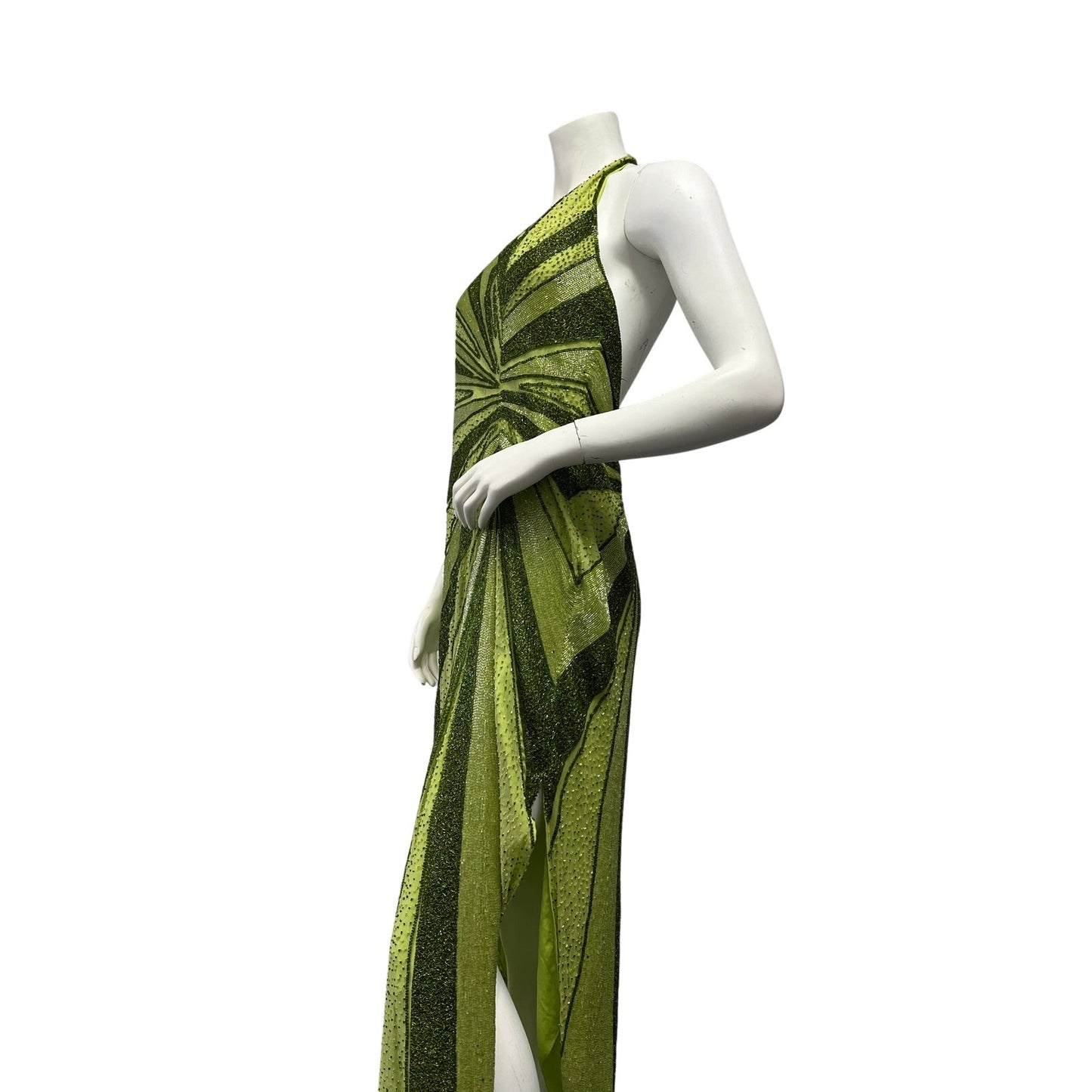 Vintage Caché Silk Beaded Halter Evening Gown Lime Green Y2K Formal Dress Large