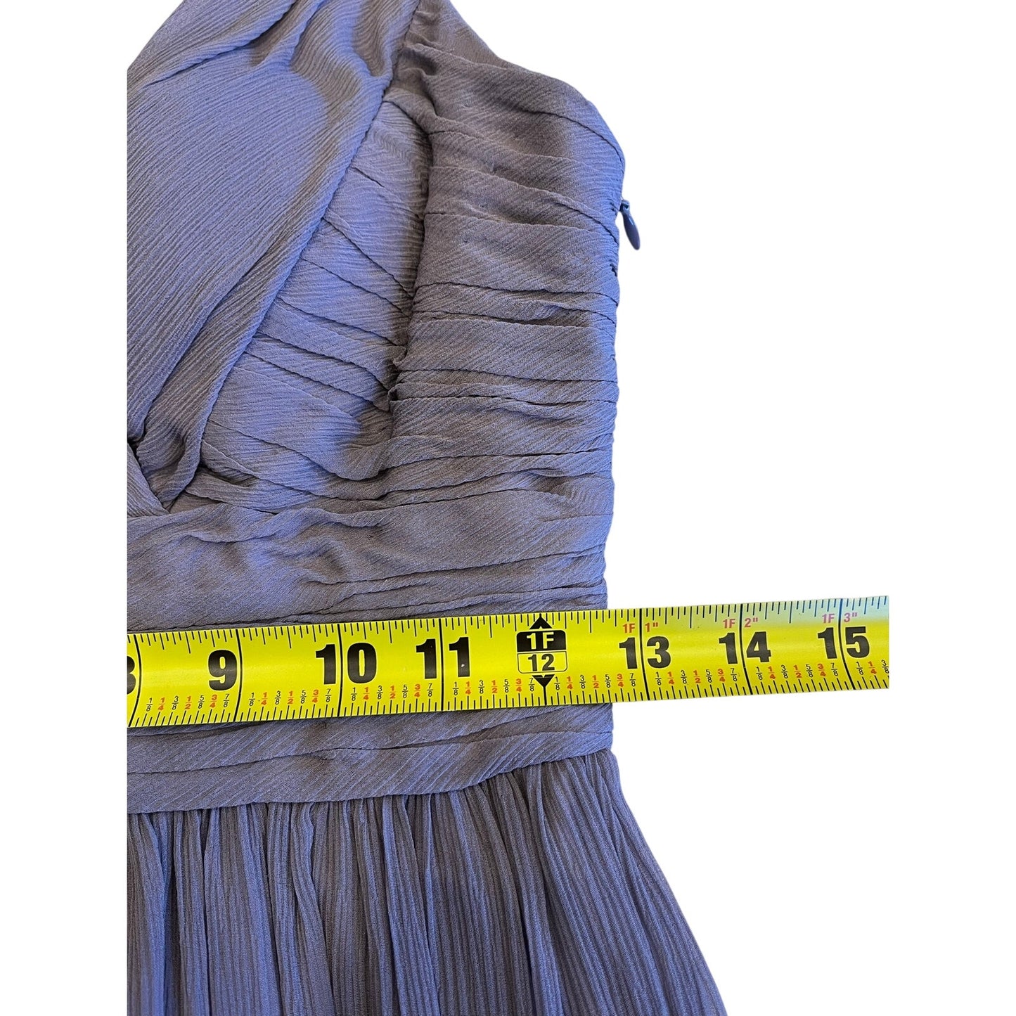 Donna Morgan 100% Silk Gray Chiffon Ruched Empire Waist Midi Dress
