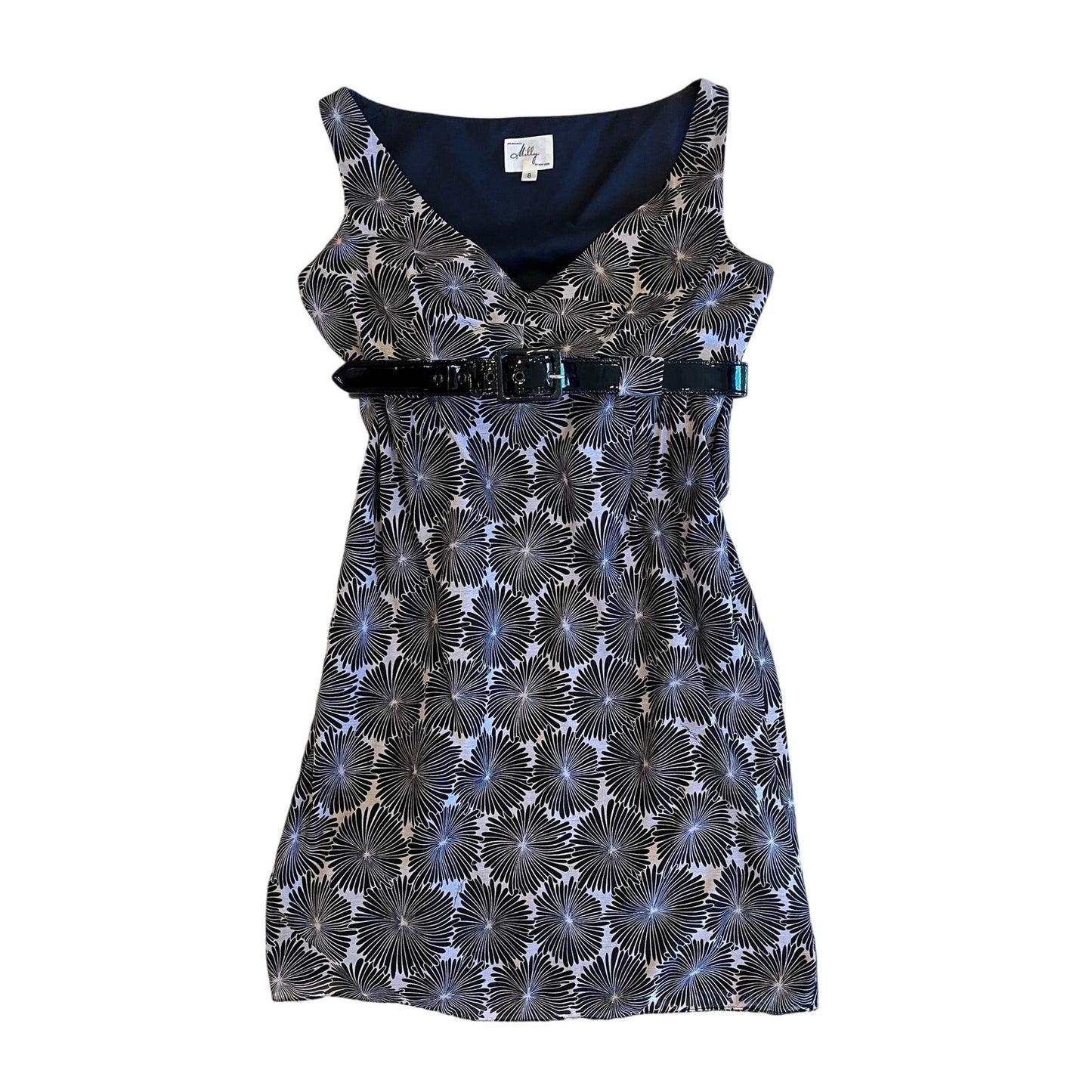 Milly New York Dress Size 8 Black White Floral Sheath Sleeveless Patent Belt