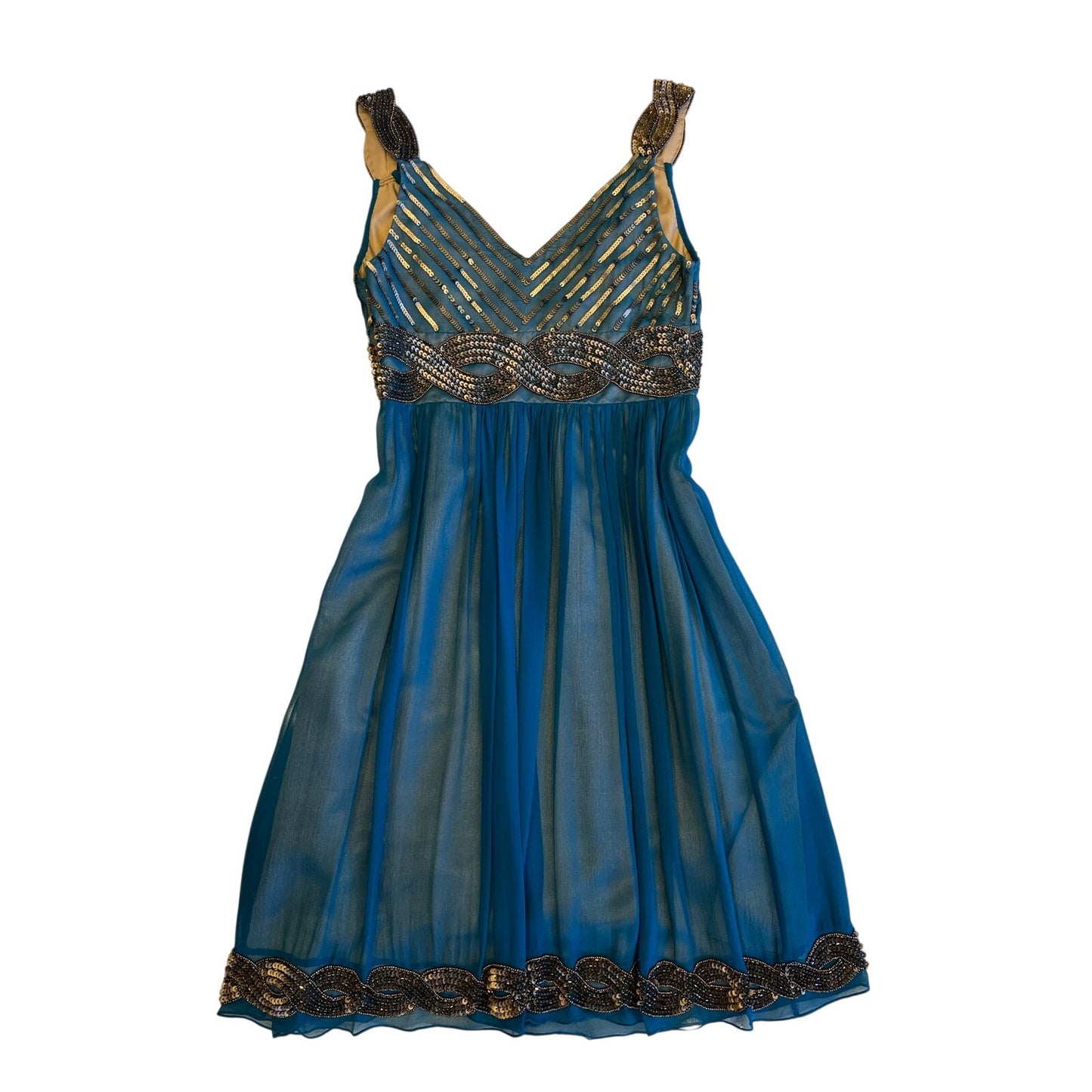 Adrianna Papell Evening 100% Silk Beaded Teal Chiffon Cocktail Dress Size 6