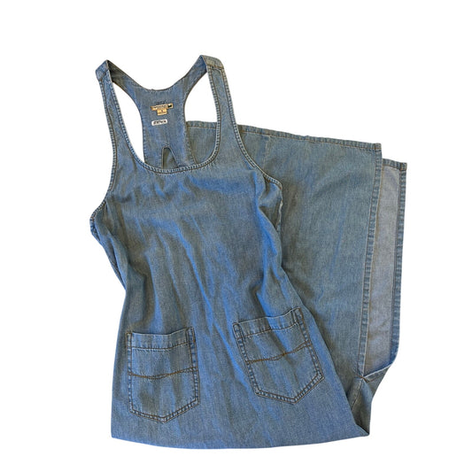 Vintage 90s Democracy USA Denim Overall Maxi Dress Racerback Pockets Size 4