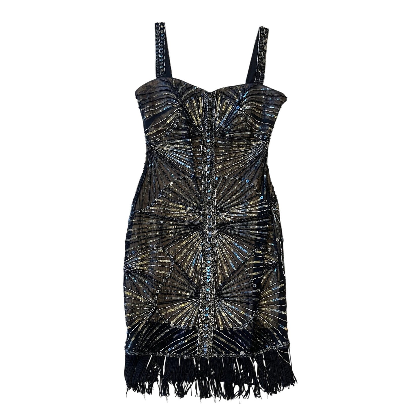Bebe Black Beaded Sequin Fringe Cocktail Bodycon Mini Dress Size M Art Deco