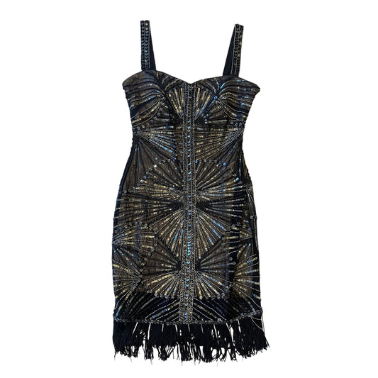 Bebe Black Beaded Sequin Fringe Cocktail Bodycon Mini Dress Size M Art Deco