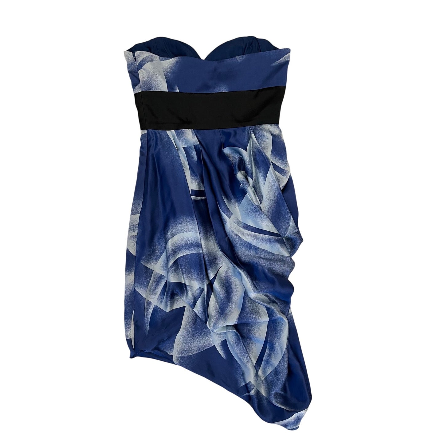 BCBGMaxAzria 100% Silk Strapless Blue Abstract Draped Cocktail Dress Size 2