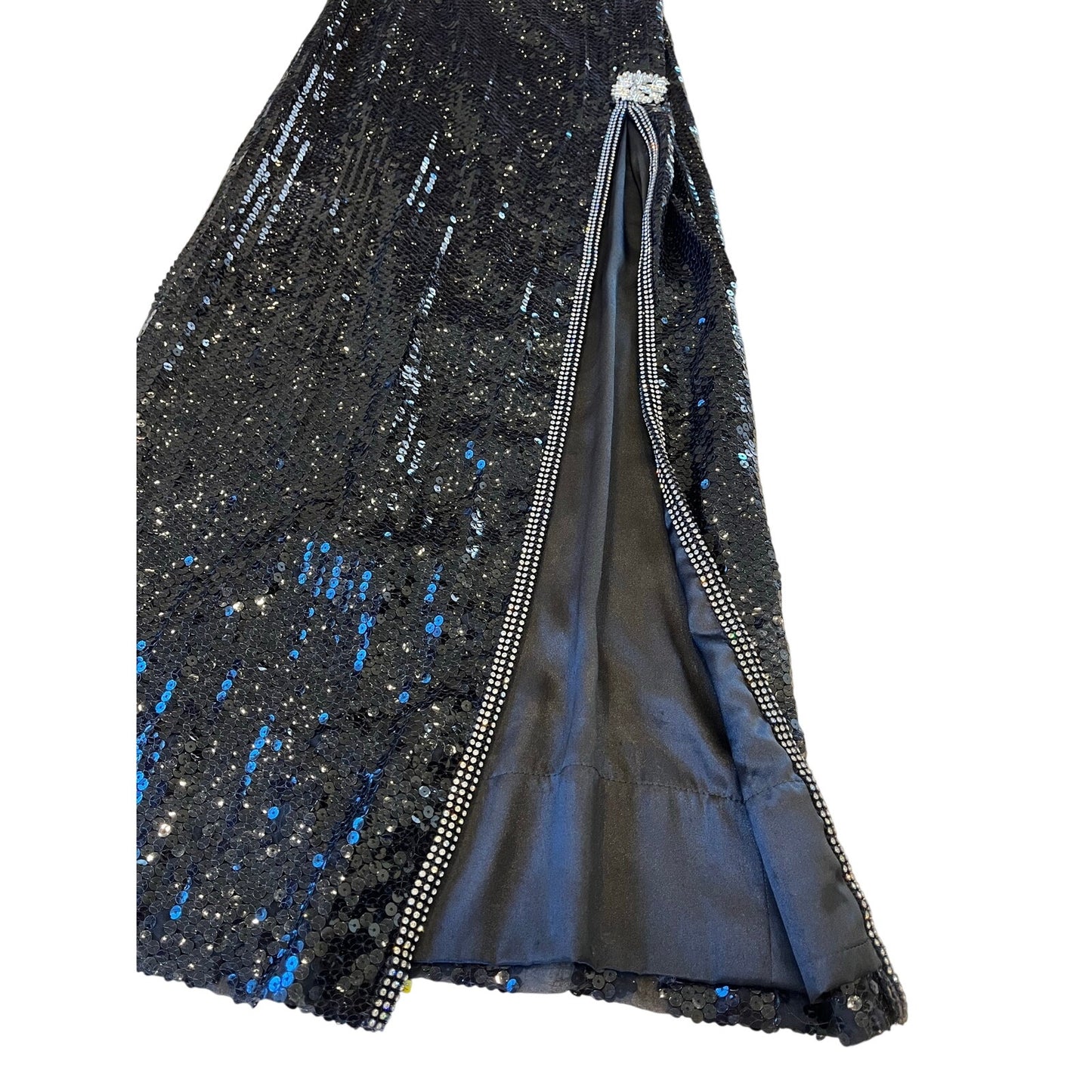Vintage Black Sequin Evening Gown Rhinestone Slit Dress